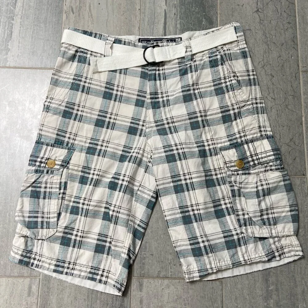 Wear First Flat Front Belted Cargo Shorts – Off‑White/Gray Plaid, Men’s Size 34